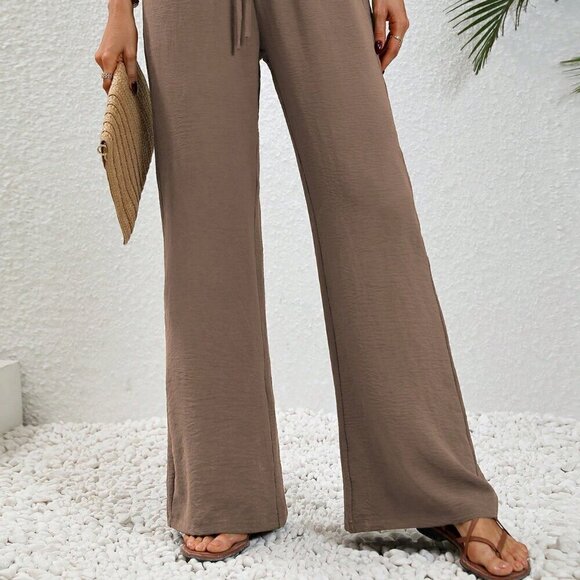 Coffee Brown Casual Women's Summer Drawstring Elastic Waist Wide Leg Pants - Picture 4 of 6